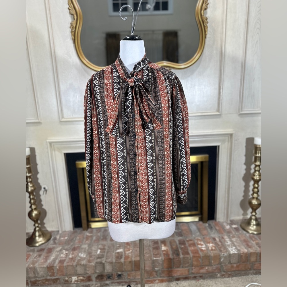 Vintage Catalina Plus 42 Blouse XL 16/18 Tie Neck Boho Retro Paisley Long Sleeve